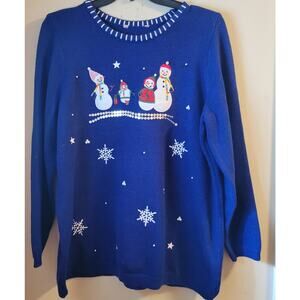 Snowman Christmas Sweater Ugly 1X Navy Blue Snowflakes Pull Over White Stag